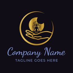 Holistic Wellness Logo Featuring a Meditating Figure and a Caring Hand in a Circular Design