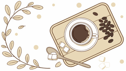 An illustration of a cup of coffee on a tray, with coffee beans, sugar cubes, a spoon, and a leafy branch.