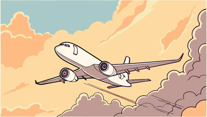 A stylized illustration of a passenger jet soaring through pastel-colored clouds at sunset.