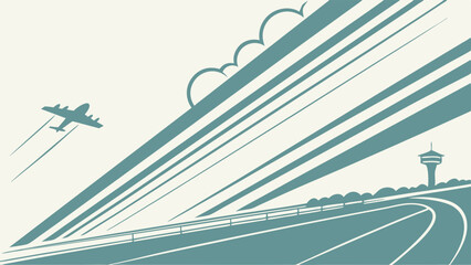 Airplane taking off from airport runway, stylized graphic design.
