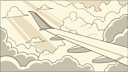 An airplane wing soars through fluffy clouds, bathed in sunlight.