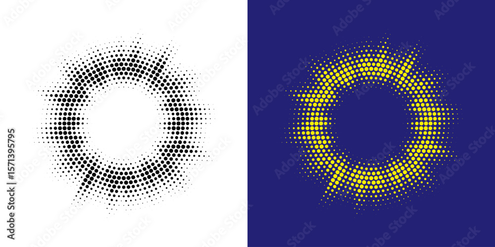 Aufkleber Set of black halftone grunge circle. Vector modern dots halftone arts. Halftone circle frame background set. Round border Icon using halftone random circle. Grunge circular stain. Vector illustration.