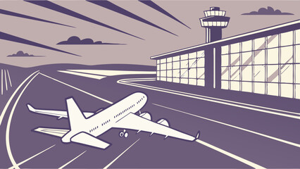 An airplane taking off from an airport runway, near a control tower.