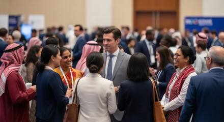 Diverse business professionals networking during a global conference event indoors