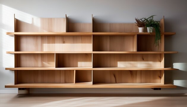 minimalist contemporary wooden bookshelves or bookcases with empty shelves in a modern clean home or office interior design versatile storage and display solution for books decor and organization