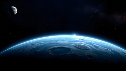 Space background with place for text. Surface of the planet with craters. Space decoration for your design. Stars and comets on dark background.