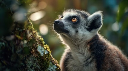 Fototapeta premium Сlose-up of a curious ring-tailed lemur on a mossy tree branch in a tropical forest