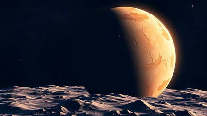Space background with place for text. Surface of the planet with craters. Space decoration for your design. Stars and comets on dark background.