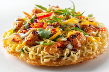 Fototapeta premium Delicious fusion of ramen and tostada presented on a clean white background showcasing vibrant flavors and textures