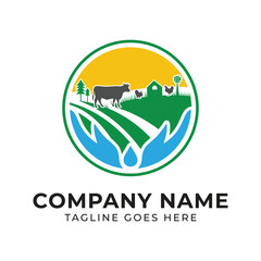 Farm Fresh Logo Design featuring Livestock Trees and Water within a Circular Emblem for an Agricultural Company