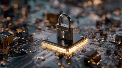 A metallic padlock sits atop a glowing microchip on a circuit board, symbolizing cybersecurity and data protection in a digital environment.