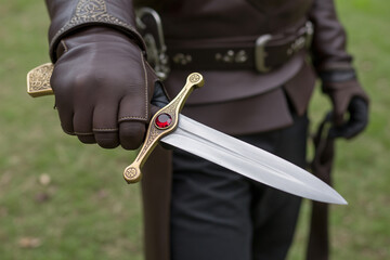 Close-up of hand in weathered leather glove holding medieval dagger with gemstone. Concept of authentic medieval or LARP cosplay