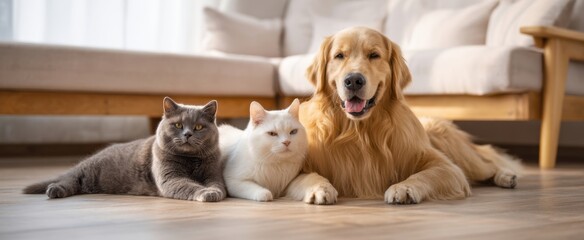 The golden retriever and cuddly cats enjoying a cozy moment together.