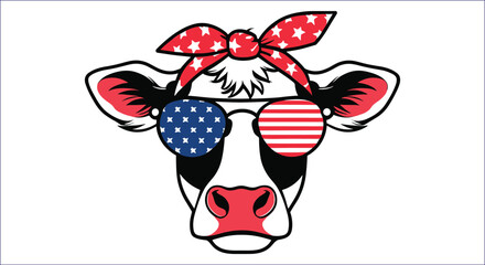 Patriotic Cow With Sunglasses And Bandana In American Flag Design Vector