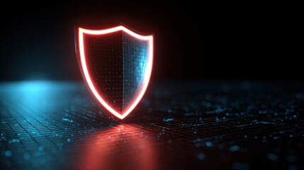 A glowing red and blue shield icon symbolizing digital security on a dark, futuristic circuit board background.