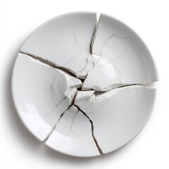 Shattered White Porcelain Plate Broken Dish Cracked Ceramic Fragmented Pieces Close up Studio Shot