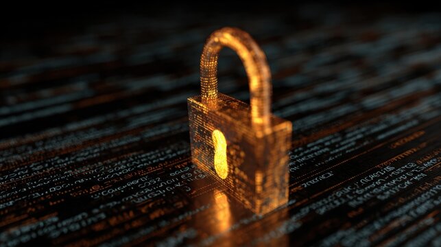 A glowing golden padlock representing cybersecurity and data protection on a dark background with digital code.