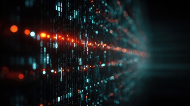A digital matrix of glowing binary code with red and blue lights, symbolizing data flow and advanced technology in a futuristic environment.
