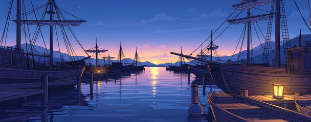 Sunset at the Harbor: Serene Twilight View of Historic Ships Docked at the Pier