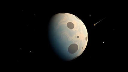 Space background with place for text. Surface of the planet with craters. Space decoration for your design. Stars and comets on dark background.