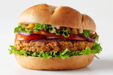 Tempeh burger with fresh vegetables and a bun, served on a clean white background showcasing a delicious plant-based meal