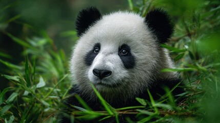 Obraz premium Сlose-up of a gentle giant panda among lush green bamboo with detailed fur