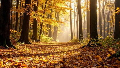 Golden Autumn Forest with Falling Leaves and Morning Mist, Ultra Realistic 4K Landscape / 黄金の落ち葉が舞う朝もやの秋の森、超リアル4K風景