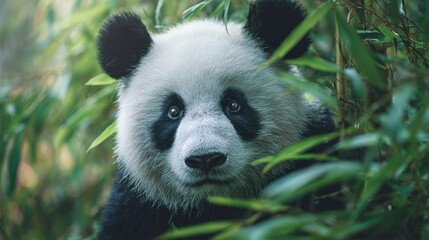 Obraz premium Сlose-up of a gentle giant panda among lush green bamboo with detailed fur