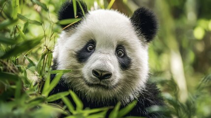 Obraz premium Close-up of a gentle giant panda among lush green bamboo with detailed fur