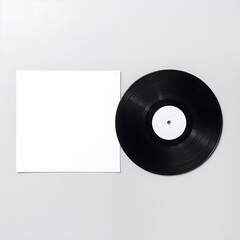 Black vinyl record with blank white cover sleeve on light background, top view of retro music media for branding or mockup use

