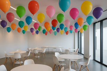 Colorful balloons suspended above modern meeting space party celebration