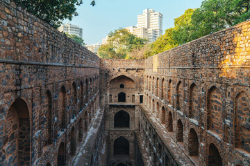 Agrasen ki Baoli, a historical stepwell in Delhi, India. Known for its symmetrical arches, deep...