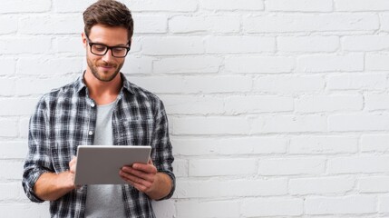 Man wearing glasses and a plaid shirt using a digital tablet while standing against a white brick wall.