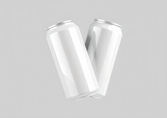 Two floating blank aluminum cans mockup on light gray background, ideal for beverage packaging, product presentation, and branding