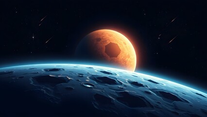 Space background with place for text. Surface of the planet with craters. Space decoration for your design. Stars and comets on dark background.