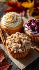 Thanksgiving Cupcake Trio with Apple Crumble, Cranberry Swirl, and Pecan Praline