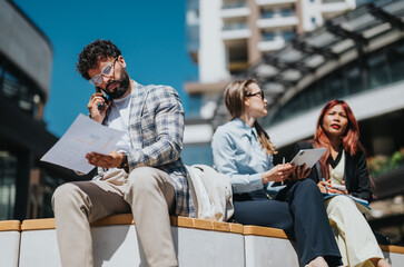 Group of diverse business people actively working using various devices and charts outdoors, portraying teamwork, communication, and productivity among professionals in a urban business setting.