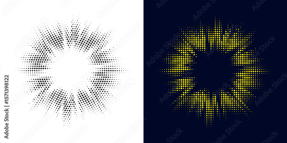 Poster Set of black halftone grunge circle. Vector modern dots halftone arts. Halftone circle frame background set. Round border Icon using halftone random circle. Grunge circular stain. Vector illustration.