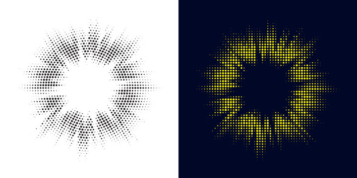 Set of black halftone grunge circle. Vector modern dots halftone arts. Halftone circle frame background set. Round border Icon using halftone random circle. Grunge circular stain. Vector illustration.