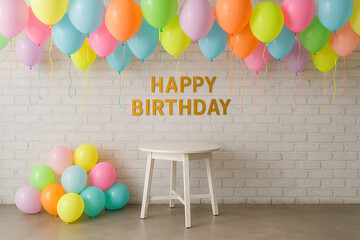 Colorful balloons and golden birthday message celebration party