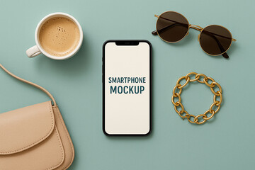 Coffee cup smartphone sunglasses and gold bracelet with purse image