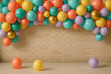 Colorful balloons arch over brick wall background teal coral
