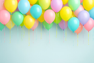Colorful balloons floating against a light blue background pastel celebration