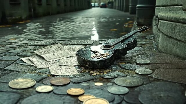Worn guitar and sheet music on cobblestones