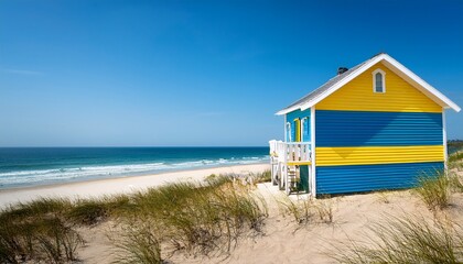 Fototapeta premium a colorful beach house with a blue and yellow roof and white trim situated on a sandy beach with ocean in the background