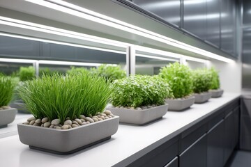 Fototapeta premium Modern kitchen herb garden with fresh greenery and stone accents.