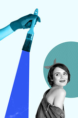 Banner 3d magazine picture collage image of happy girl guy stand hand hold paintbrush renovation...