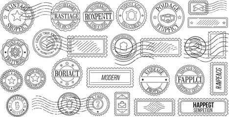 Collection of various black and white stamp designs on white background