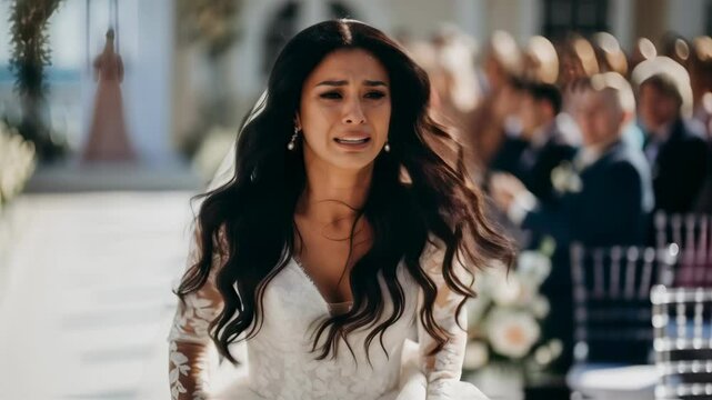 Bride running away from wedding ceremony crying in white dress with guests watching. Emotional moment footage. Use for relationship counseling, wedding planning, drama content, lifestyle story
