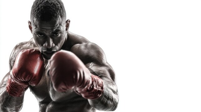 A muscular boxer wearing red gloves throws a powerful punch with intense focus, captured against a white background.
